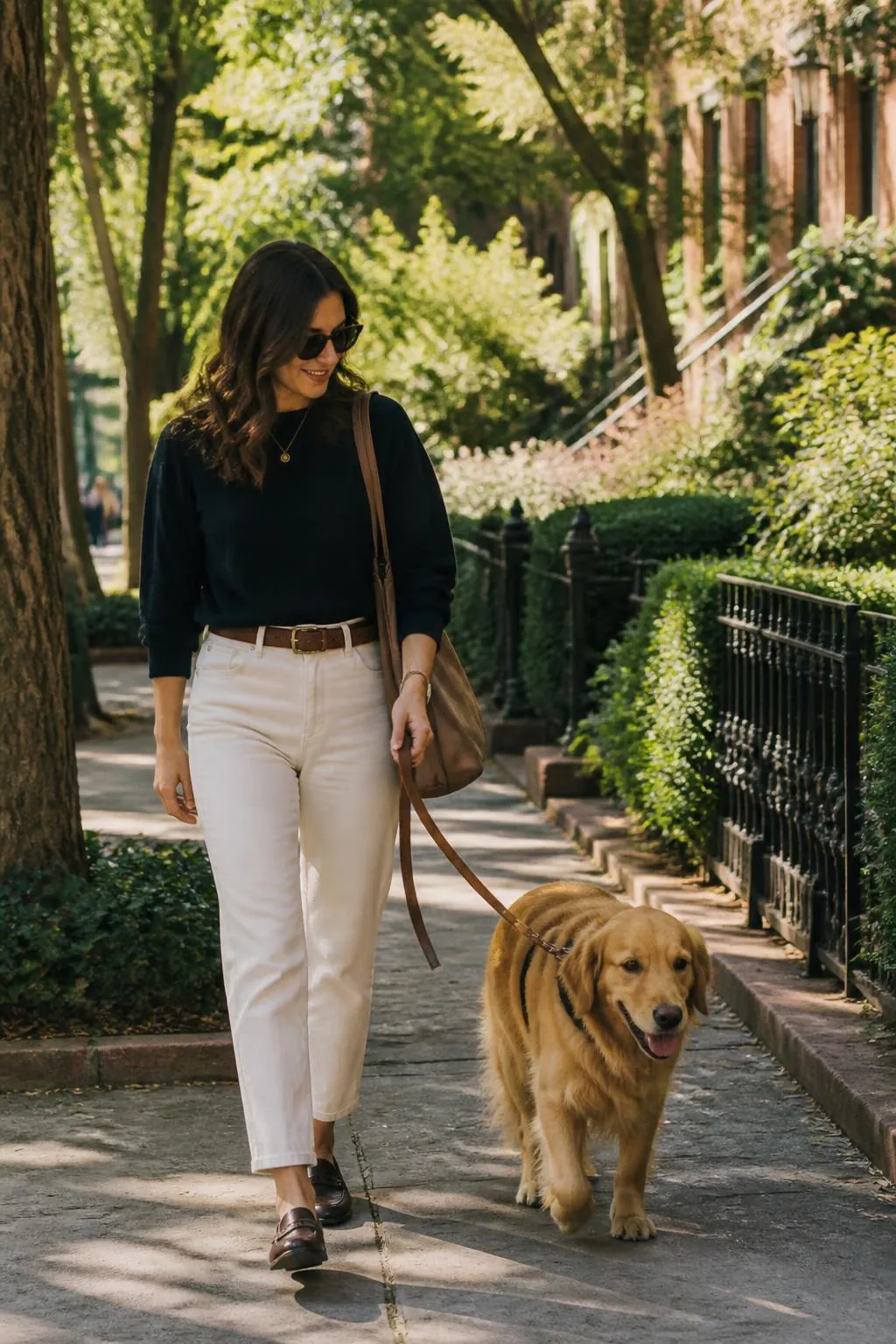 Moradora passeando com o cachorro nas ruas arborizadas do bairro